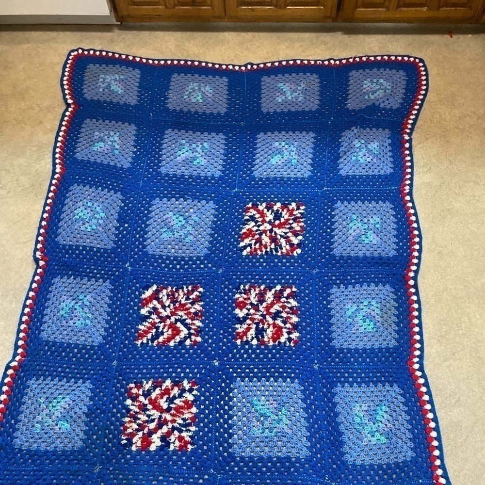 Homemade Fun Blue, Red afghan blanket Approx 60X85